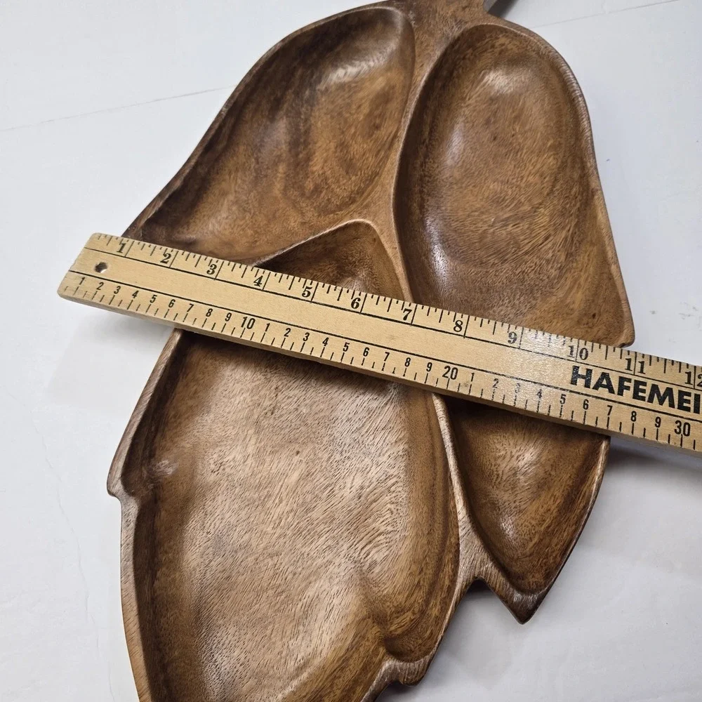 Mid Century MCM Carved Mahogany Wood‎ Divided Leaf Tray Platter 21.5